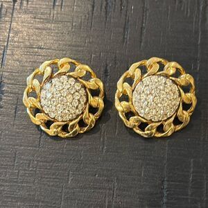 Gold and Silver Chain Link Pierced Rhinestone Earrings​​